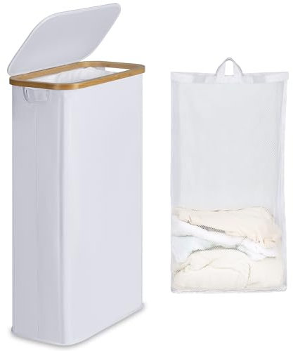 efluky Cesto per la Biancheria 63L, Cesto per la Biancheria Sottile con Coperchio, Cestos per la Biancheria Pieghevole Bianco con Manici in Bambù e Borsa Rimovibile per Camera da Letto, Lavanderia