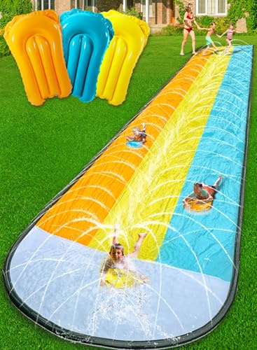 BesFlow Scivolo e scivolo d'acqua, acquascivolo per bambini cortile 6,7 m x 3 corsie color-block, irrigatore circostante giocattoli estivi per bambini all'aperto con 3 bodyboard
