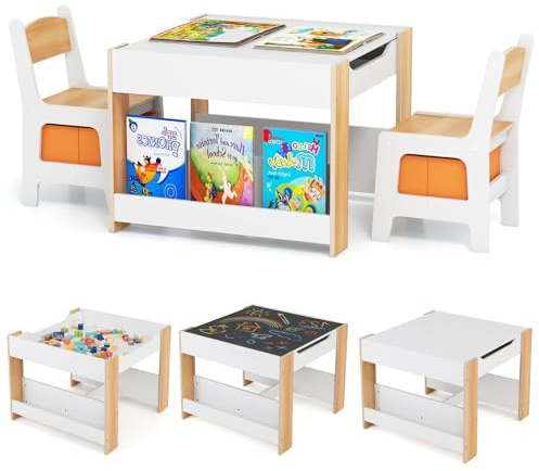 RELAX4LIFE 4 in 1 Tavolino Bambini con Sedie, Tavolo per Bambini con Piano Reversibile (Lavagna/Bianco) e 2 Sedie, Librerie e Scatola in Tessuto, Tavolino Legno per Cameretta (Naturale)
