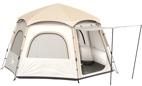 Outsunny Tienda de Campaña para 2-4 Personas Tienda de Camping Plegable con Fácil Instalación Ventanas de Malla Gancho y Bolsa Transporte Protección UV Impermeable 3000+ para Senderismo Blanco y Beige