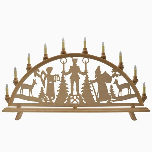 Erzwelt - Lichterbogen DBR83 – Holz Schwibbogen – Leuchtbogen mit 11 Kerzen – Original Erzgebirge Fensterbogen – Weihnachtsdeko – Motiv Engel, Bergmann & Weihnachtsmann – 80 x 48 x 5 cm