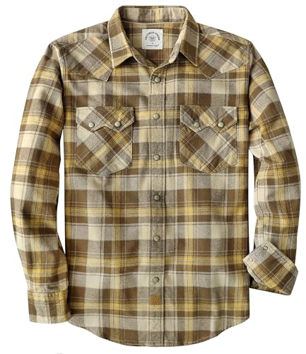 Dubinik® 6 oz flanellskjorta för män western långärmad bomull snäppa cowboy, gul och brun, XL