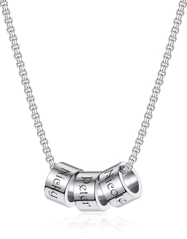 JSDDE Collier Anneau Personnalisé Prénoms en Acier Inoxydable pour Femme Homme Collier Breloques Anneau Perles Gravure Initiales Personnalisable Bijoux Distance pour Couple Famille (Argent 3 Anneaux)