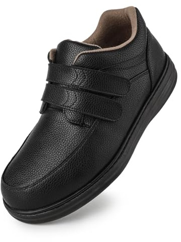 Men's Casual Business Dress Shoes Adjustable Leather Slip-On Sneakers for Diabetic & Swollen Feet Wide Comfort Walking Oxfords for Wedding & Formal Wear Easy On & Off,Lightweight | Black EU45/US12