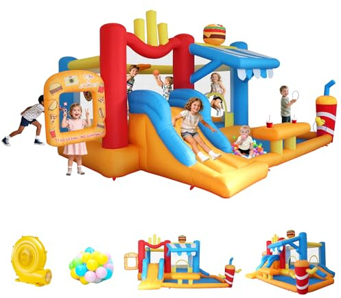 Ytonisld Inflatable Bounce House with Dual Slides, 10-in-1 Bouncy Castle with Blower, Jump House with Ball Pit, Basketball, Photo Frame & Games, Fast Food Theme Bouncer for Kids 3-10, 14.4X11.7X7.7FT