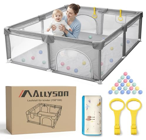 Allyson® Laufstall faltbar mit Matte 150x180, Großes Laufgitter & Playpen sicher & stabil, Kinderlaufstall Indoor & Outdoor, Spielgitter Zaun, tragbarer Laufstall klappbar (150x180)