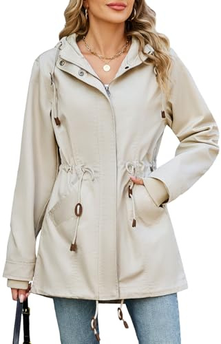 Vancavoo Spring Jackets for Women Ladies Lightweight Coats Casual Summer Autumn Jacket Hooded Overcoat Zip Up Sweatshirt Outwear with Pockets,Beige,L