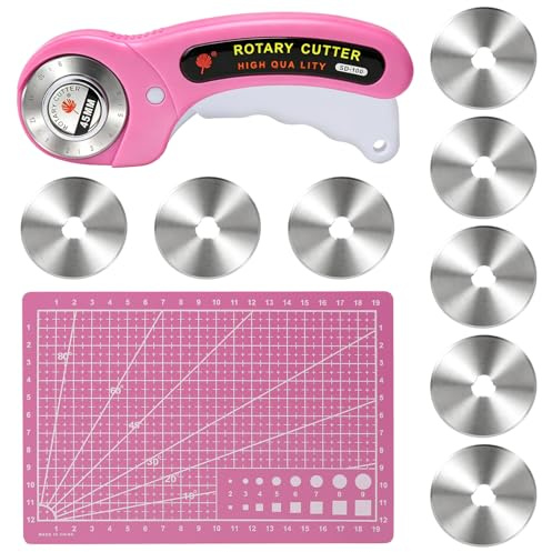 45mm Rotary Cutter for Fabric with 8 Extra Blades and A5 Cutting Mat, Ergonomic Handle Safety Lock Roller Cutter for Fabric, Sewing, Quilting, Leather, Crafting, Perfect for Left & Right Hand