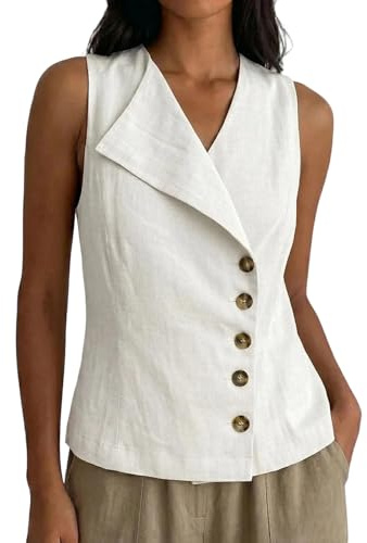 Lino Camisetas Tirantes Mujer Cuello en V De Botones Color Liso - Moda Mujer Chaleco Suave Exquisito Tops Elegante Moda, Blusas Viaje Descanso Blanco L