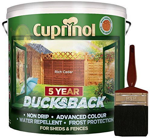 New 2018 Cuprinol Ducksback Shed & Fence Paint 9 Litre Rich Cedar. Non Drip, Water Repellent and Frost Defence. Protection for 5 Years. Includes PSP 4 Fence Application woodcare Brush.