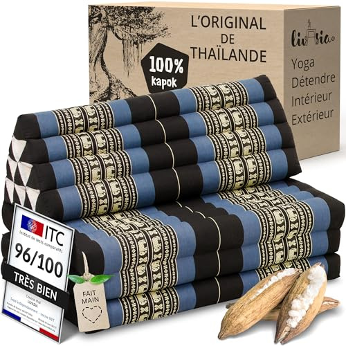 livasia Cuscino Thai a 3 segmenti per Due Persone XXL - 190x80x8cm - Cuscino Triangolare Materasso Pieghevole, kapok Largo, Cuscino per la Schiena Pieghevole, Cuscino da Meditazione (Blu/Elefanti)