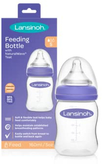 Lansinoh Anti Colic Baby Bottle 160ml - NaturalWave® Medium Flow Teats - Reduces Nipple Confusion + Stackable Lid Breast Milk Storage Bottles - BPA & BPS-free Breastfeeding Bottle Feeding Baby Bottles