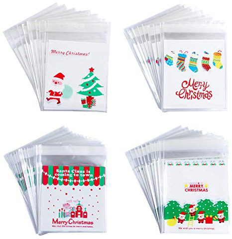 Bolsas de Dulces de Navidad, 400 PiezasBolsas de Celofán Transparente Plastico Pequeñas OPP Muñeco de Nieve Santa Autoadhesivas Bolsa de Galletas Transparente para Regalo de Fiesta (Stocking)