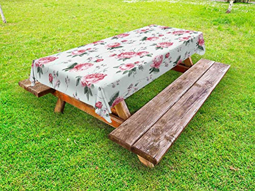 Abakuhaus Rose Outdoor-Tischdecke, Rosa Blüten-Englisch Flora, dekorative waschbare Picknick-Tischdecke, 145 x 265 cm, Reseda-Grün-Rosa