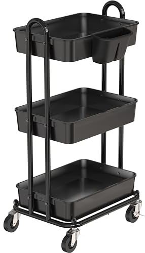 Simple Houseware 3-stufiger Küchenwagen, multifunktionaler Rollwagen mit 2 Trennwänden und Hängeeimer, Schwarz