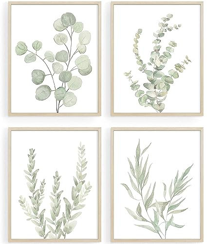 Howwii Botanical Boho Bathroom Decor Wall Art Prints, UNFRAMED Sage Green Plants Decor for Bedroom|Office, Minimalist Eucalyptus Leaves Watercolor Art Prints, Set of 4 Pictures, 8x10 No Frames
