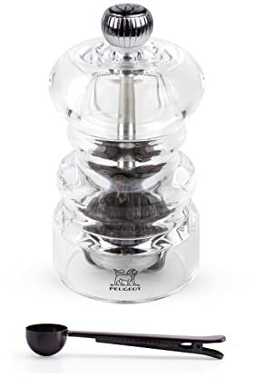 Peugeot - Nancy Acrylic Manual Pepper Mill - Transparent Adjustable Grinder Gift Set- With Stainless Steel Spice Scoop/Bag Clip, 3.5 Inch