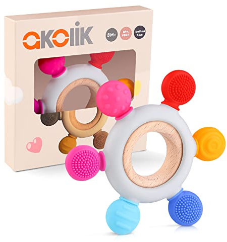 akolik Beißring Baby, BPA-frei Zahnungshilfe aus Silikon, Baby Spielzeug ab 0 3 6 9 12 Monate, Beissring Babys, Ruder Greifling Beißspielzeug, Erstausstattung Neugeborene, Geschenk Mädchen Junge