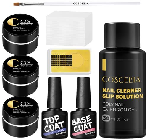 COSCELIA Kit de U-V Gel Uñas de 3PCS Gel de Extensión de Uñas 15ML de Uñas con 30ML Slip Solution y Base Coat Top Coat Kit Profesional de Uñas