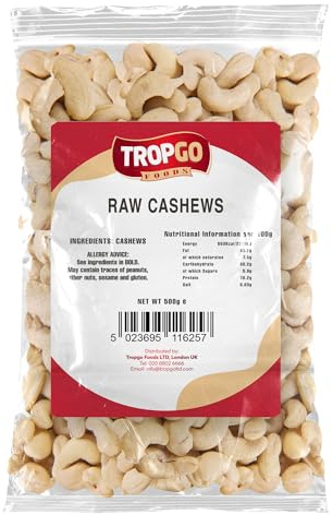 Tropgo Raw Cashew Nuts - Large & Tasty Cashews - Packed Fresh Premium Quality Cashew Nut - Healthy for the Heart, High in Fibre & Minerals - Perfect for Snacking (500g)