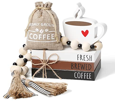 Coffee Bars Decor, 6 PCS Coffee Bar Decorations,Mini Wooden Book Stacks with Bead Garland, Coffees Bar Accessories for Tiered Tray,Table,Shelf,Rustic Farmhouse Home Decor