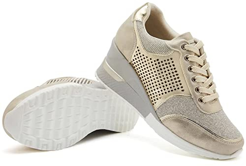 GYCS Sneakers Zeppa Donna Scarpe da Ginnastica Basse Sport Fitness Trainers Tacco 8CM Outdoor Tennis Fitness Scarpe Casual,d'oro,35EU