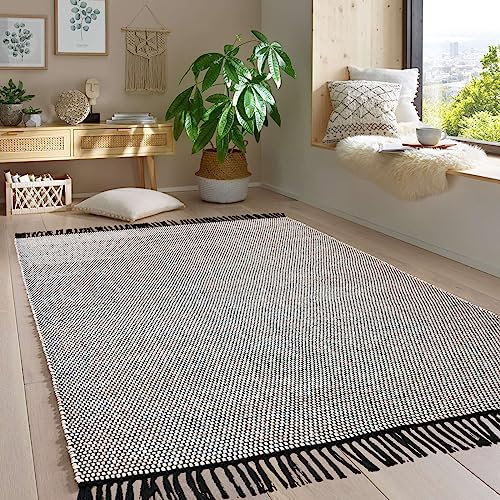 Taracarpet Handwebteppich Borkum Teppich fürs Wohnzimmer, Schlafzimmer und als Küchenteppich geeignet 100% Baumwolle weiß 160x230 cm