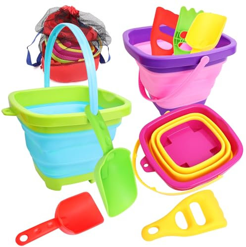 Wogueish Sandspielzeug Strandspielzeug Kinder, 6 Stück Sandkastenspielzeug Kinder mit faltbarem Eimer, Tasche, Beach Toy Set (2 L)