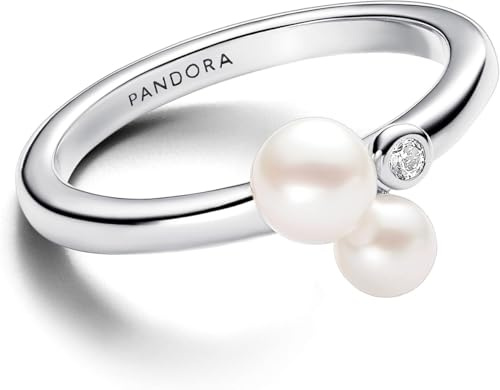 Pandora Timeless Sterling silver ring with white treated freshwater cultured pearl and clear cubic zirconia, 54