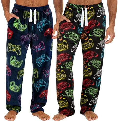 INSIGNIA 2 Pack Mens Fleece Check Pyjamas Lounge Pants Bottoms Gamer Style (Set 1, XL)
