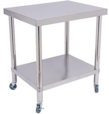 SanBouSi Mesa de trabajo de acero inoxidable para exteriores, 2 niveles, plegable, carrito de servicio de acero inoxidable, mesa de cocina con 4 ruedas, mesa de preparación de alimentos de acero