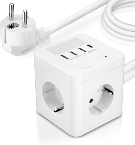 Steckdosenwürfel USB C, 4Fach Steckdosenleiste mit Nachtlicht, Würfel Mehrfachsteckdose mit Schalter, Mehrfachstecker Verteilersteckdose Zuhause Büro, 1,5m Kabel, Weiß