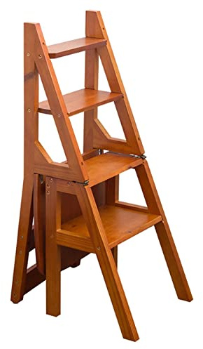 Wooden Folding Step Ladder Chair with Bookshelf Multifunctional Stairway Chair for Kitchen/Office/Library 200kg Capacity