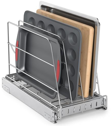 Pull Out Cabinet Organizer for Cutting Board, Cookie Sheet, Baking Sheet, Stainless Steel Sliding Rack for Bakeware & Trays, Heavy-Duty Cutting Board Organizer (9” x 16.5” (22.8 x 41.8 cm))