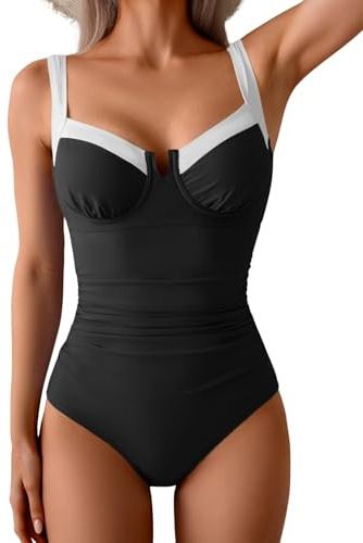 B2prity Women's Underwire One Piece Swimsuits Tummy Control Bathing Suits Black, White