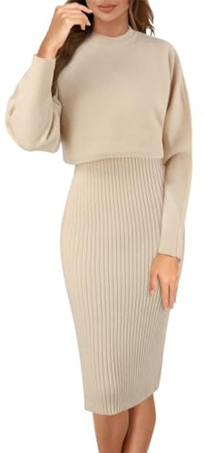 Robe en Tricot Femme 2 Pièces Ensembles Couleur Unie Robe Pull Taille Haute et Jupe Tricoté Pull à Col Rond Robes Tricotée Loungewear Aotumne Hiver Midi Robes Loisirs