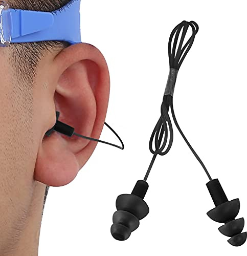 KooingTech Swimming Corded Earplugs, Soft Silicone Earplugs, Ear Plugs Swimming, 3 Layers Reusable Waterproof Ear Plugs for Water Sports Accessory Supplies (Black)