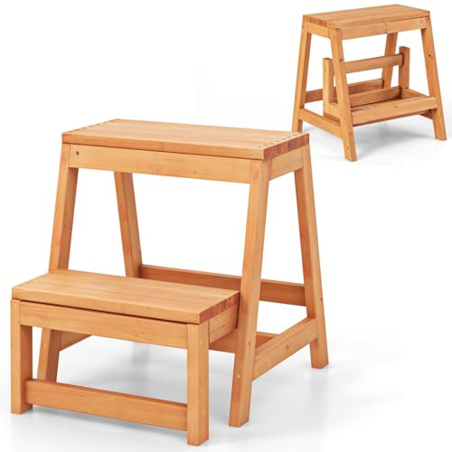 Maxmass 2 Tiers Wooden Step Stool, Folding Ladder Stool, Plant Display Shelf, Portable Adults Kids Stepladder for Kitchen Bathroom Bedroom, Max Weight 100kg