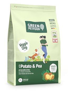Green Petfood VeggieDog con patata e pisello (1 x 3 kg), per adulti, cibo secco di alta qualità per cani sensibili adulti, vegetariani e senza frumento, con deliziosa pasta di patata dolce, confezione
