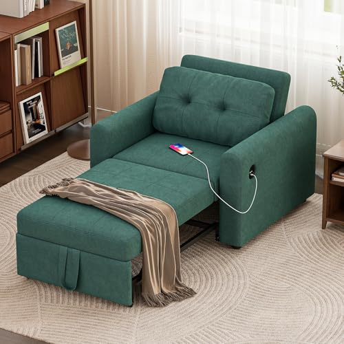 Jooli H Single Sofa Bed, 3-in-1 Convertible Fabric Pull Out Sleeper Sofa Chair with 3-Position Adjustable Backrest, Side Pockets and USB for Living Room, Guest Room, Green