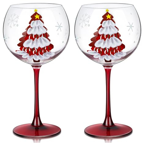 Joeyan 580ml Verres à Vin Rouge de Noël, Lot de 2 Verres Ballon pour Bourgogne à Gin Tonic à Motif Main Peint -Sapin Rouge & Flocons, Crystal Gobelet Service de Table pour Fêtes et Cadeaux Festifs