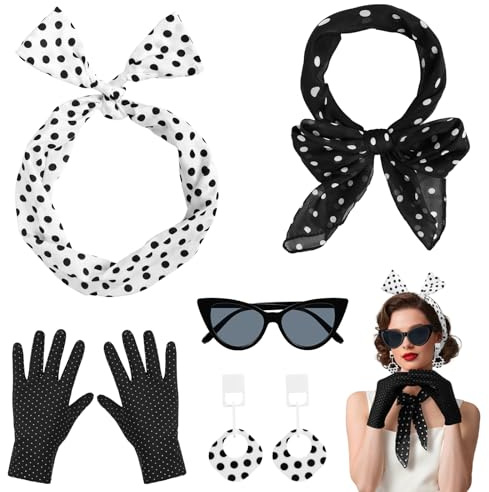 Alaoo 5 Set Accessori Anni 50 Donna, Rockabilly Accessoires 50er Jahre Damen, Include Sciarpa di Chiffon, Fascia a Pois, Occhiali da Gatto, Orecchini e Guanti, Abbinalo a Vestiti Retrò Anni '50(Nero)