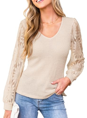 CUPSHE Women Tops V Neck Eyelet Lace Floral Long Sleeve for Ladies Elegant Blouses Casual Hollow Out Shirts Loose Trendy Beige M