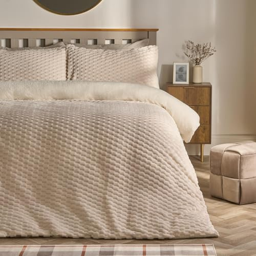 OHS Single Fleece Duvet Cover Set, Autumn Winter Luxury Waffle Fleece Duvet Set Super Soft Cosy Warm Sherpa Reversible Single Bedding with Matching Pillowcase, Cream
