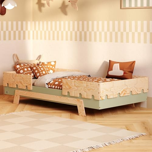smartwood Barnsäng 90x200 cm med Ribbotten, Furuträ, Grön, PUZZLE BR2
