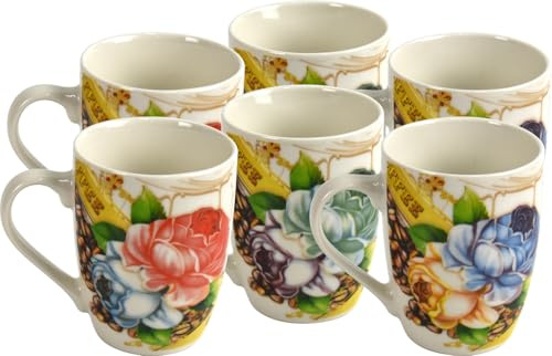 LAVV HOUSEWARES LTD 6pcs Smooth Ceramic Tea Coffee Cups with Flowers Print (10.9oz) 310ml