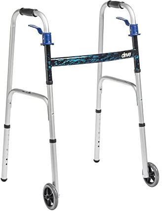 Drive Medical Trigger Release Folding Walker - Lightweight Brushed Steel Design - Easy Trigger Folding Mechanism - 5 Inch Wheels - Contoured Hand Grips - Senior Mobility Aid