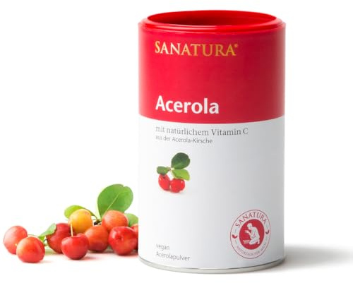 Sanatura Acerola – 175 g Acerola Pulver – natürliches Vitamin C hochdosiert – aus der Acerolakirsche – einfache Anwendung, sehr ergiebig, vegan