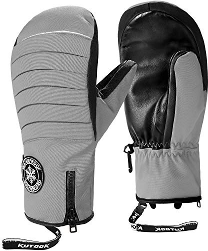 KUTOOK Ski Gloves Mens Snowboard Snow Mittens Skiing Warm Waterproof Thermal Leather Winter Gloves for Men Women Grey M