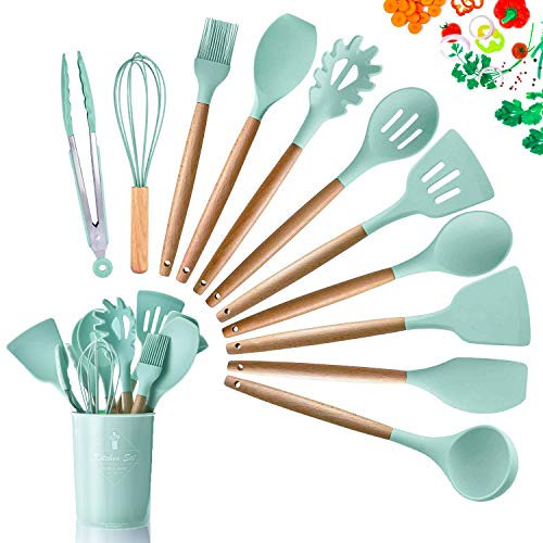 DOPGL Set di 11 Utensili da Cucina in Silicone, Resistenti al Calore, con Manici in Legno, Senza BPA, in Silicone atossico, spatola, Cucchiaio, Utensili da Cucina per antiaderenti Luminosa Verde